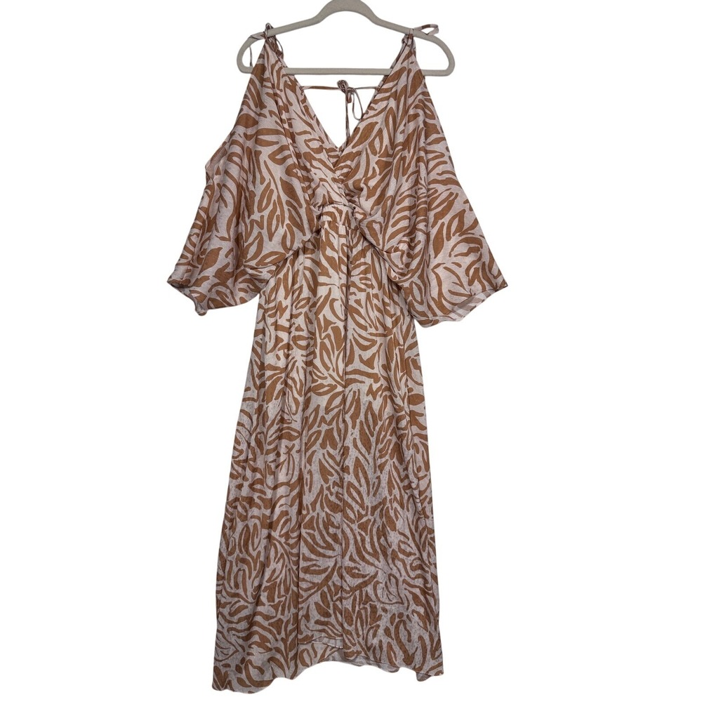 Women’s Tan Leaf-Print Midi Dress with Cold-Shoulder Sleeves